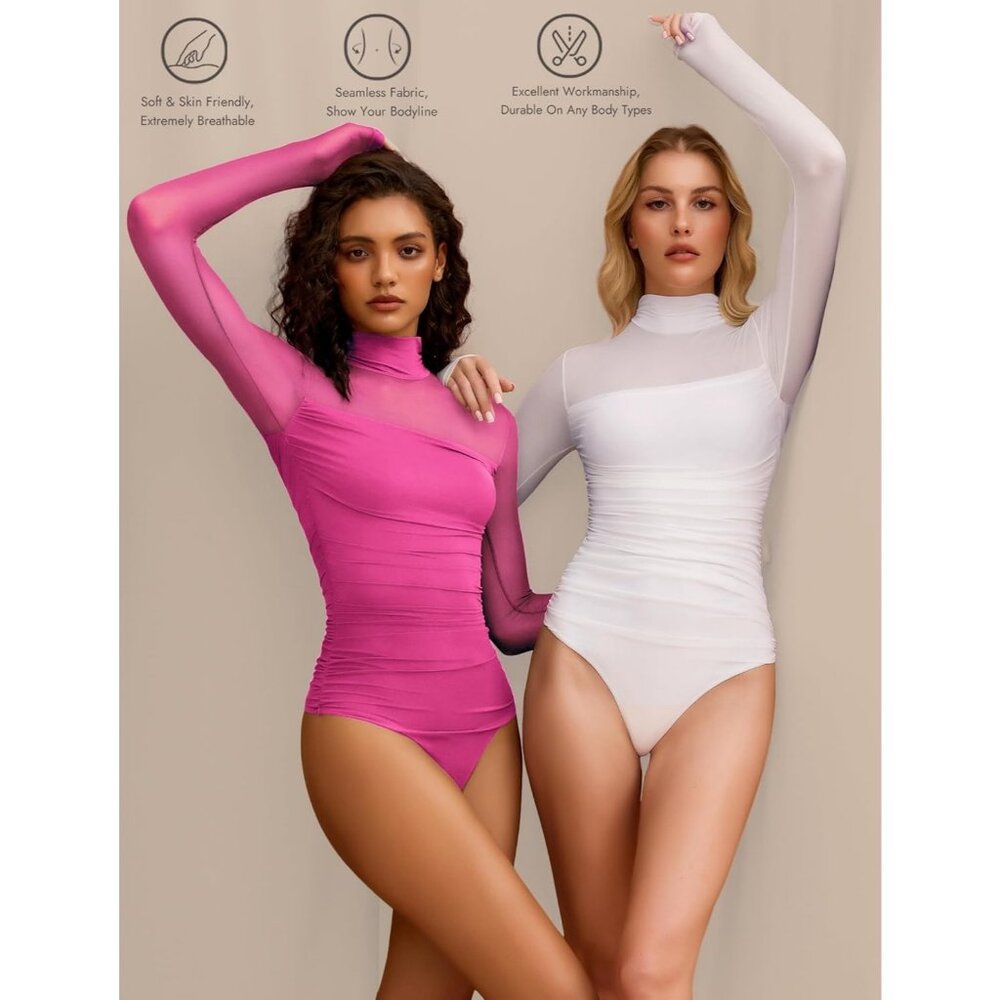 Women's Rose Red Long Sleeve Bodysuit Turtle Neck Mesh One Piece Shirt Shapewear - Picture 3 of 6
